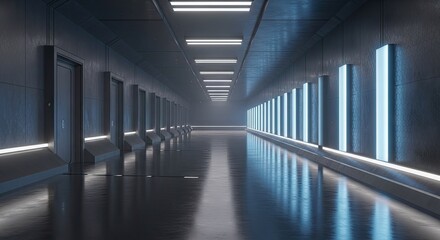 Fototapeta premium Futuristic corridor with blue lighting and sleek architecture