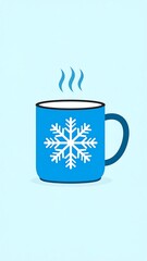 A blue mug with a snowflake design emitting steam