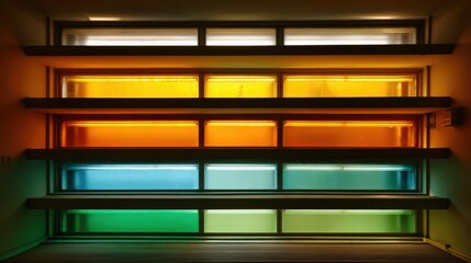 Colorful glass panels with layered light effects in modern architecture