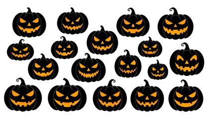 A collection of 15 carved jack-o-lanterns with various facial expressions
