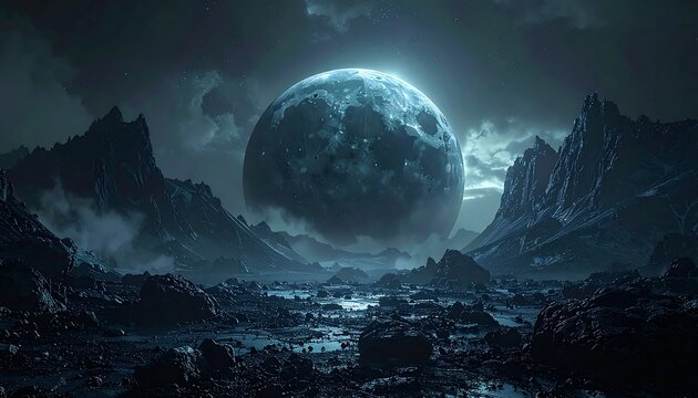 A breathtaking night scene captures a gigantic moon illuminating a rugged terrain between towering peaks under a starlit sky