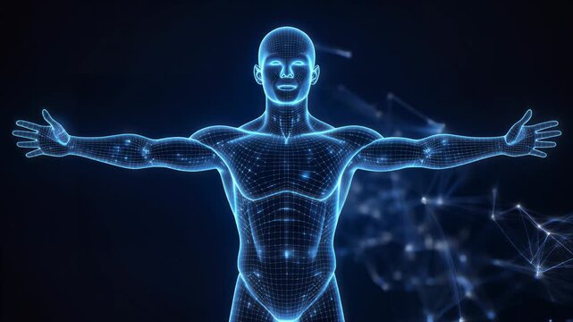Glowing blue digital human model with outstretched arms, wireframe mesh, and network connections, seamless loop animation, symbolizing futuristic technology and human connection