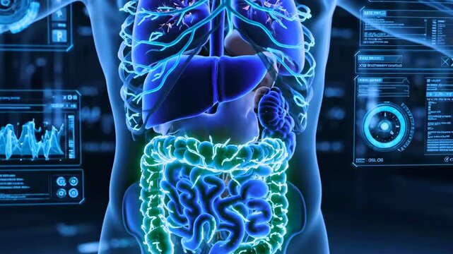 torso scan highlights lungs, heart, intestines with holographic dashboards, vascular traces, pulmonary alveoli detail, intestinal contours and realtime clinical analytics