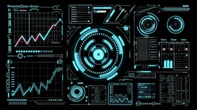 High-tech HUD interface animation featuring holographic diagrams, data lines, rotating rings