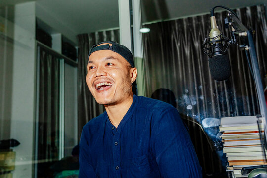 Podcast host at home studio