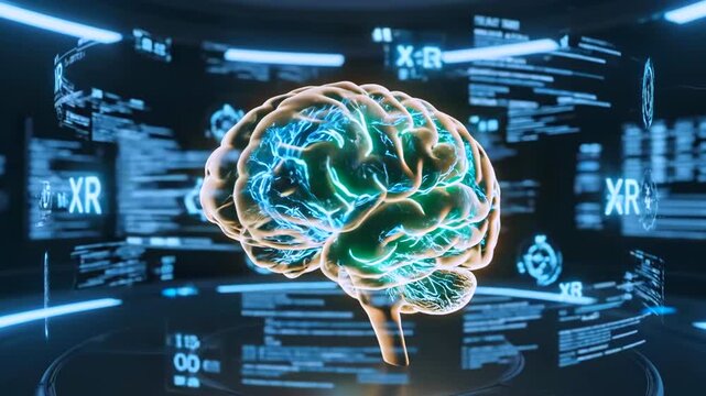 Holographic brain in XR lab environment, augmented simulation displaying neural maps and data dashboards neurotech demonstration, immersive visualization for researcher and developer
