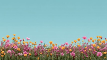 Obraz premium Vibrant Floral Landscape with Multicolored Blooms Against a Soft Blue Sky Ideal for Nature Themes and Springtime Celebrations