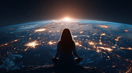 Woman meditating observing earth from space sunset cosmic concept