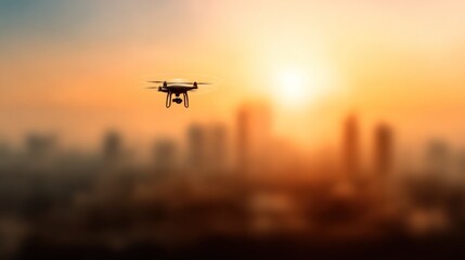 Fototapeta premium Drone flying over a city skyline at sunset with copy space