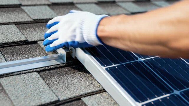 Professional worker installing solar panels on a rooftop for sustainable green energy home.