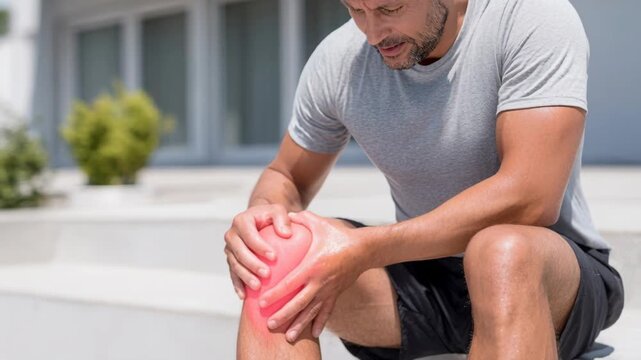 Athletic man, sitting outside, clutching a painful, inflamed red knee after physical exercise.