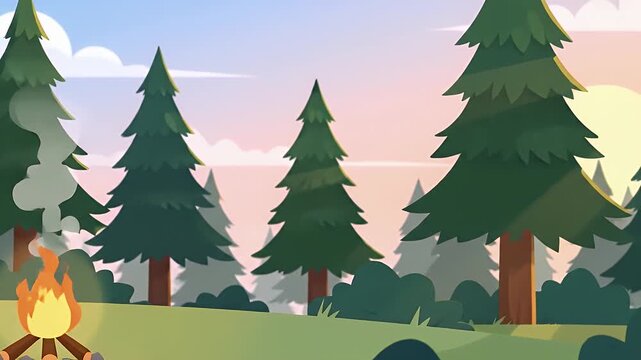 Gentle pan right vibrant flat animation serene forest campsite dawn with orange tent flickering campfire stylized pine trees soft pastel colors warm glow