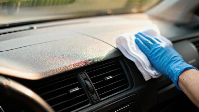 Man in blue nitrile gloves sanitizing car interior with microfiber cloth and cleaning spray.