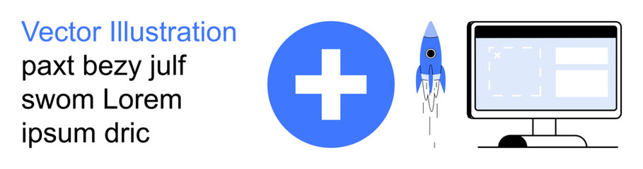 Obraz premium Technology, healthcare, innovation, startups, data management, digital interfaces. Visual elements include a blue cross, rocket graphic and computer screen. Technology and healthcare concept