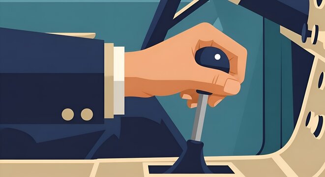 Businessman shifting gear stick in a car interior with hand on manual transmission