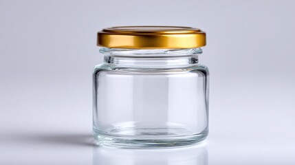 Transparent glass jar with a shiny gold lid, perfect for storage and display, ideal for packaging food, spices, or decorative items, minimalistic design