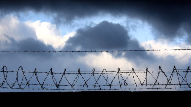 Barbed wire silhouette against dramatic cloudy sky conceptual image