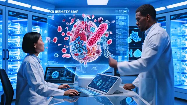 researchers study organ hologram with pathogen overlays, lab environment filled with blue screens and collaborative energy, team maps infection hotspots and immune response