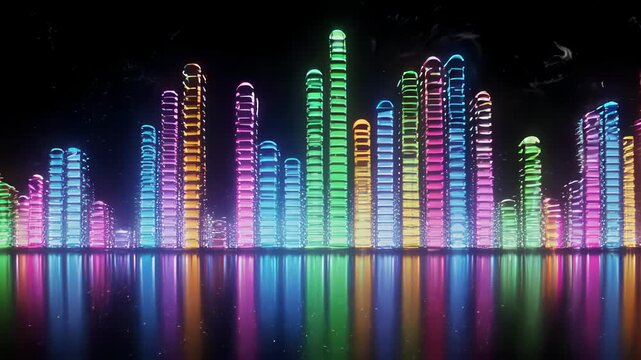 An array of glowing vertical bars on a reflective surface in the dark