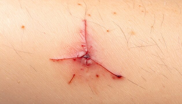 Close-up of a fresh, bleeding wound on human skin, showing a puncture surrounded by red marks and minor abrasions, indicating a recent injury or bite.