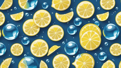 Vibrant pattern of lemon slices and bubbles on a deep blue background, creating a refreshing and lively atmosphere