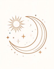 A minimalist illustration of a crescent moon and sun with stars on a beige background