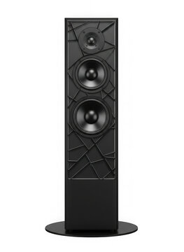 Modern black tower speaker with floral design on white background