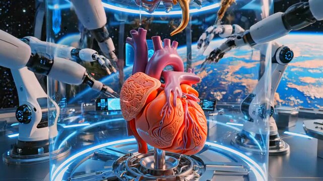 robotic arms performing precision cardiac microsurgery on artificial heart control consoles and monitors surround sterile orbital operating bay surgical tools and sutures manipulated