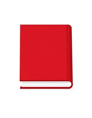 A red closed book with white pages showing slightly at the bottom