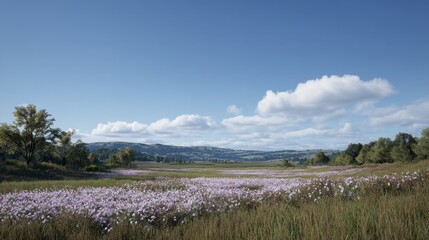 Serene Landscape with Lush Meadow of Wildflowers Under Clear Blue Sky in Scenic Countryside with Rolling Hills and Soft White Clouds