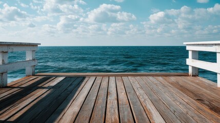 Fototapeta premium Tranquil Wooden Pier Overlooking Calm Blue Ocean Under Bright Sky and Soft Clouds with Beautiful Reflections on Water Surface for Relaxation and Peace