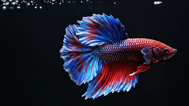 Vibrant red and blue Betta fish swimming against a dark background