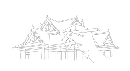 Hand Drawing Asian Traditional Architecture with Pencil, Architectural Sketch Design