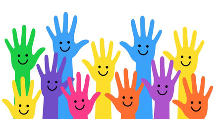 Fototapeta premium Diverse Group of Colorful Hands Raised with Smiling Faces, Representing Unity