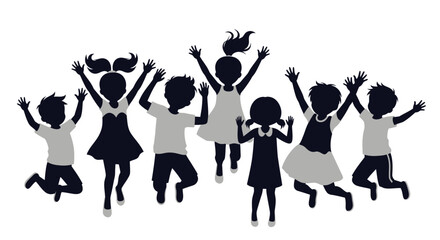 Obraz premium Diverse Group of Happy Children Silhouettes Jumping Joyfully Together in Celebration