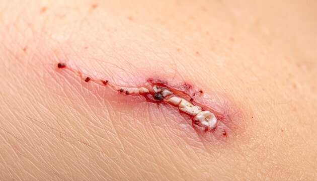 Close-up of a healing wound with visible stitches and some dried blood on light skin, indicating a recent injury or surgery.