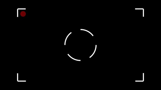 A minimalist camera viewfinder overlay on a black screen white corner brackets and a central circular focus reticle with dashed lines, indicating a recording or framing interface