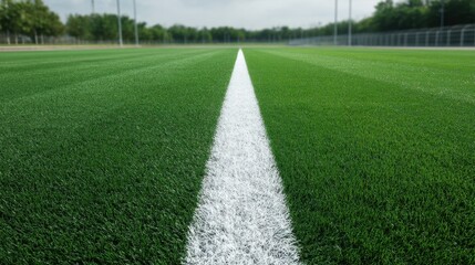 Freshly Cut Green Grass Field with White Line Marking Under Cloudy Sky in a Sports Complex Setting