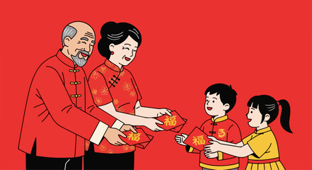 vector illustration of Chinese people celebrating Chinese New Year on red background