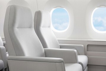 Fototapeta premium Modern pristine light grey airplane cabin seats