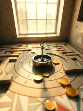 Treasure map maze, compass, gold coins, geometric patterns, dutch angle,  gold,  dynamic