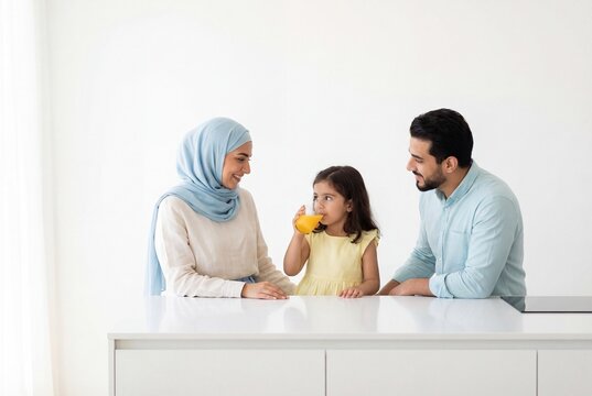 Happy muslim family with mother in hijab, father, and daughter at a bright kitchen counter