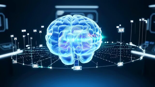 glowing holographic brain over data grid, immersive blue visualization of neural network, floating cortex model surrounded by digital nodes, pulsing signals and illuminated synapse mapping