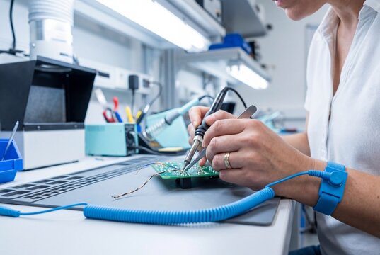 Female engineer hands with ESD strap soldering wires on circuit board