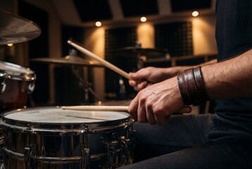 Obraz premium Musician hands with leather cuff playing a snare drum with drumsticks in a studio