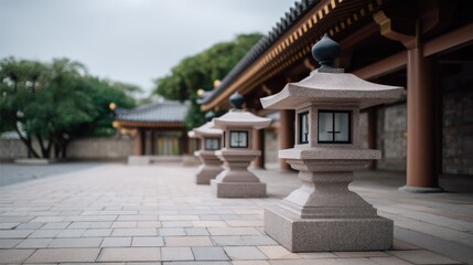 Tranquil Japanese Garden Path with Lanterns and Traditional Architecture in Soft Light, Capturing Serenity and Harmony of Nature and Culture