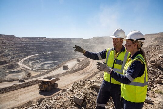 Mining engineers pointing at open pit mine operation