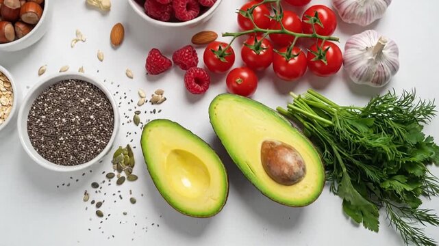 Assortment of fresh fruits, nuts, and vegetables arranged on a white background