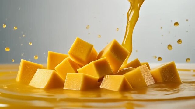 Cubed mango splashing into juice on white background.