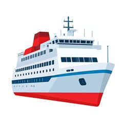 A large white and red cruise ship with blue accents